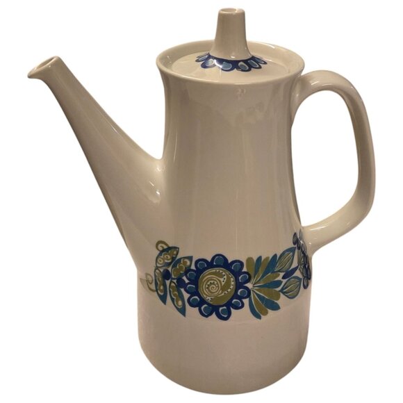 Mid Century Modern Ceramic Teapot Floral Design Figgjo Flint Blue Flowers - Picture 1 of 16